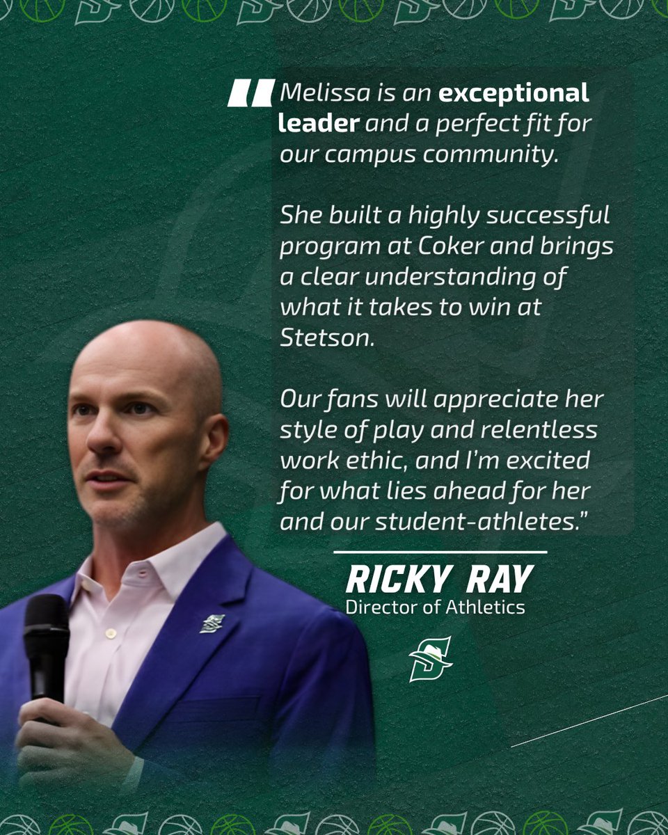 StetsonHatters's tweet photo. 𝙇𝙚𝙖𝙙𝙚𝙧𝙨𝙝𝙞𝙥 𝙮𝙤𝙪 𝙘𝙖𝙣 𝙗𝙚𝙡𝙞𝙚𝙫𝙚 𝙞𝙣.

Hear what Director of Athletics 𝗥𝗶𝗰𝗸𝘆 𝗥𝗮𝘆 had to say about new Women’s Basketball Head Coach 𝗠𝗲𝗹𝗶𝘀𝘀𝗮 𝗗𝗲𝗩𝗼𝗿𝗲.

#GoHatters | #DefendDeLand | @StetsonWBB https://t.co/0Aq3vTDg6h