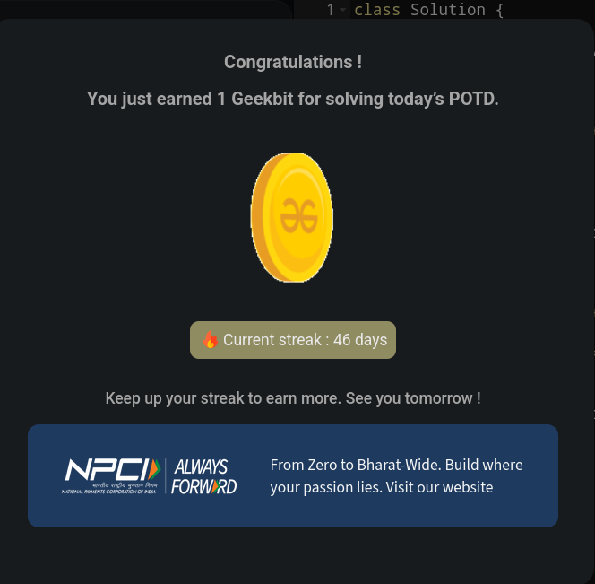Harshit42077's tweet photo. Day 46 of 60 day code challenge consistency 💻🔥
Still learning, still growing, still not giving up.
Every problem solved is one step closer to the goal. 🚀
All thank you to @geeksforgeeks and @NPCI_NPCI for this support !
#geekstreak60
#npci
#POTD https://t.co/VAzlul6mIu