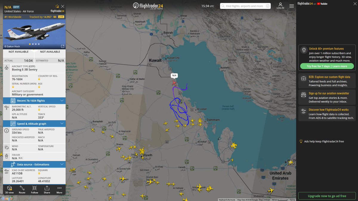 AIYeyENGDdJkjTr's tweet photo. Apr. 4, 2026
#Prince Sultan Air Base ==> #Persian Gulf coast
#NoCALLSIGN #AE11DB USAF E-3B Sentry https://t.co/sUAA9tQSJi