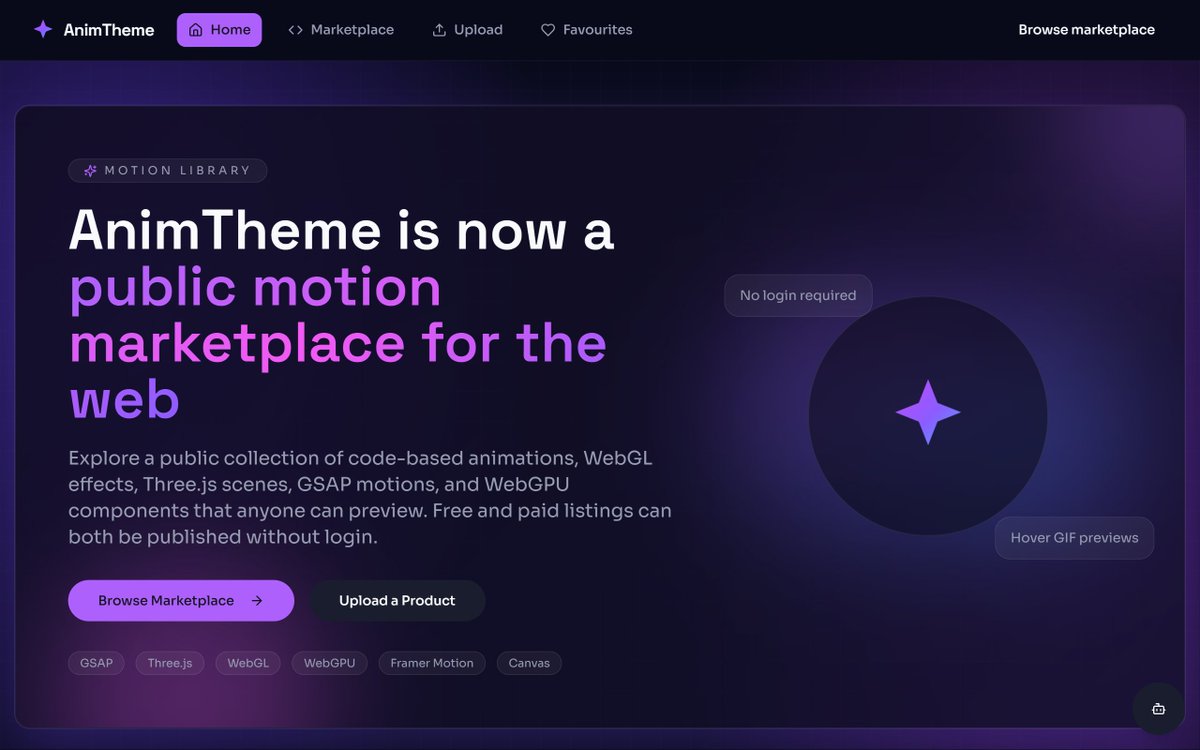 AnimTheme's tweet photo. AnimTheme is now a public motion marketplace for the web.
Explore a public collection of code-based animations, WebGL effects, Three.js scenes, GSAP motions, and WebGPU components that anyone can preview. Free and paid listings can both be published without login.

#AnimTheme https://t.co/N3YAOXUCNI