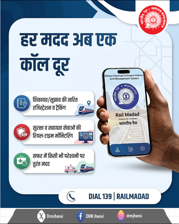 DrmJhansi's tweet image. यात्रा में कोई परेशानी? चिंता मत कीजिए! 🚆 
आपकी हर समस्या का समाधान – बस एक कॉल दूर!
Dial 139 | Rail Madad

#RailMadad #RailwayHelp #PassengerCare #IndianRailways #TravelSafe
