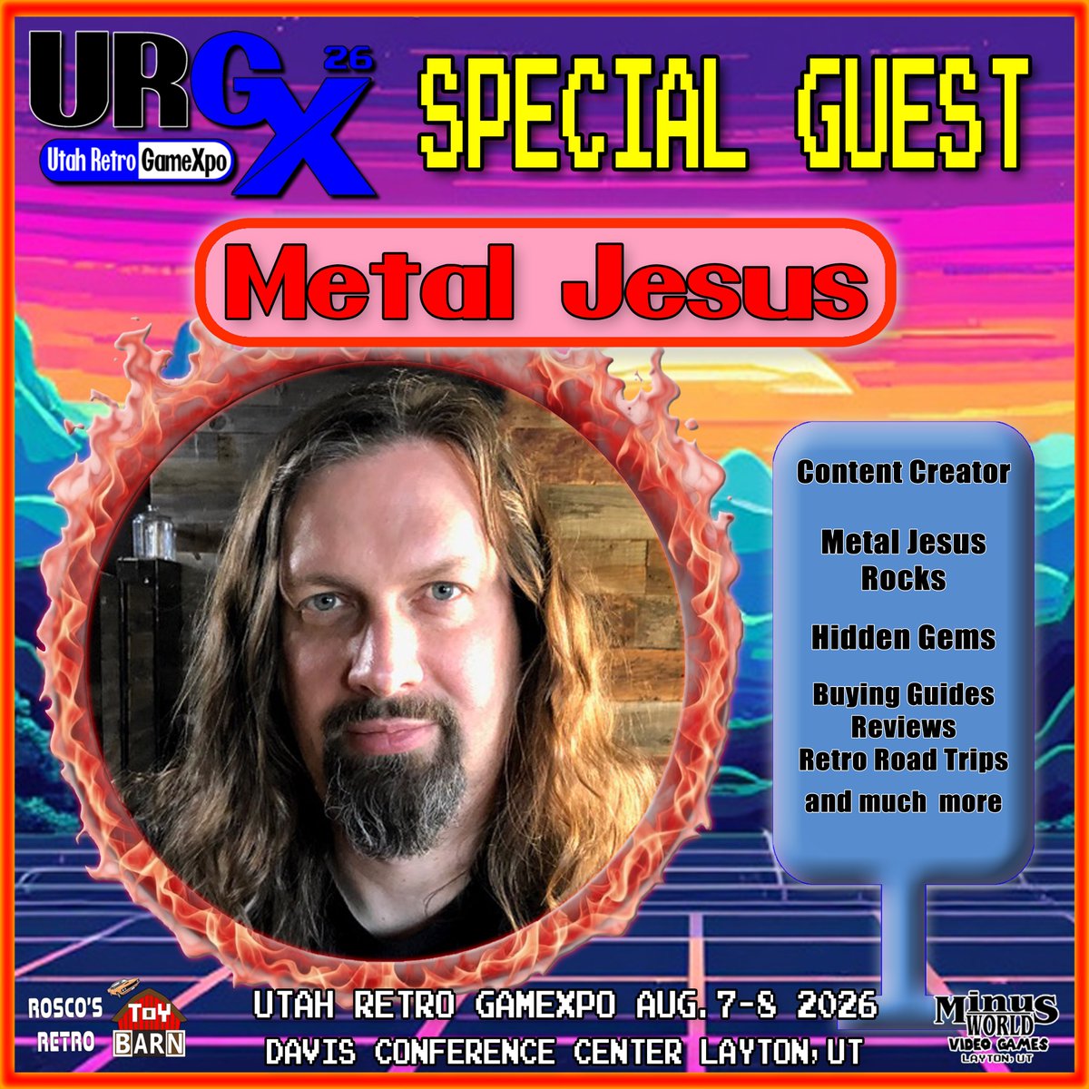 UtahRetroGameX's tweet photo. We would like to welcome @MetalJesusRocks  as a special guest of Utah Retro GameXpo 2026. He is a content creator and retro gaming enthusiast and much more! Avoid the lines and get your tickets now. https://t.co/fT1jLUl7SX https://t.co/TMygWb4pzB
