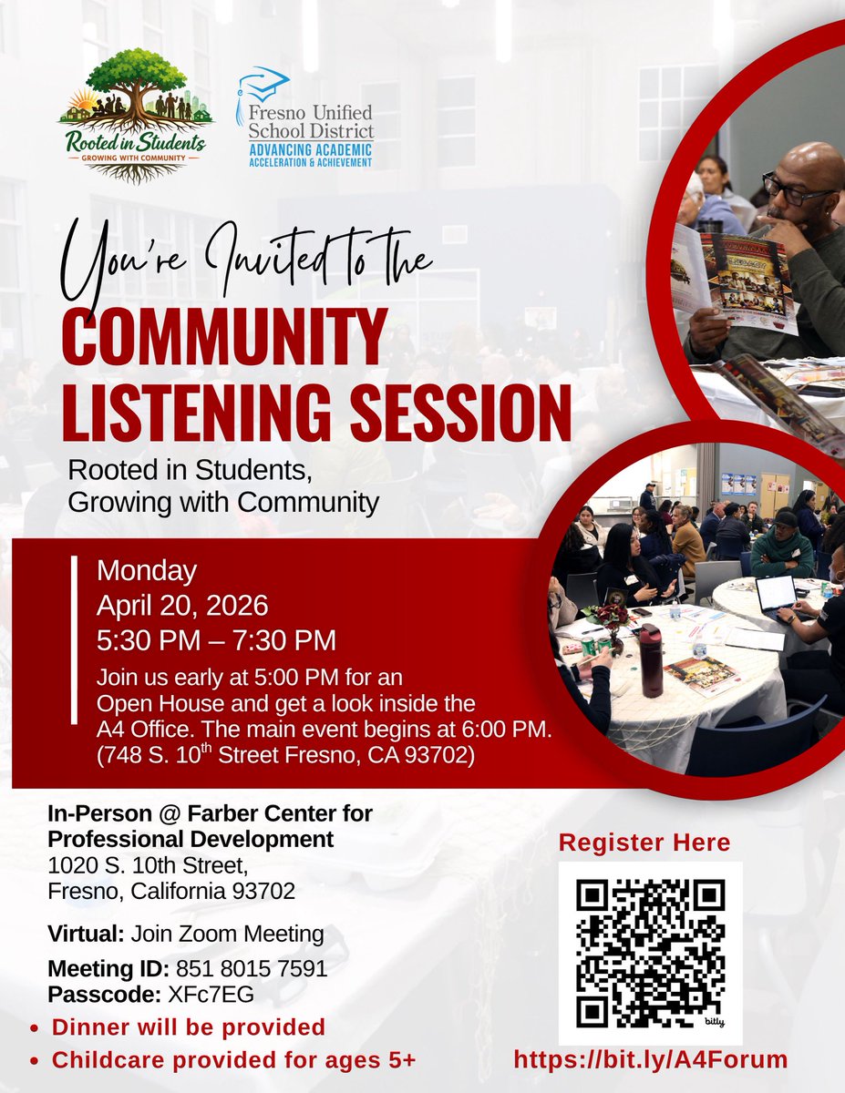 A4Fusd's tweet photo. Join us for our upcoming Community Listening Session where families, educators, and community members come together to share, connect, and help shape the future of our students.

Register here: https://t.co/1MErjKclhY https://t.co/q9CN1BG2Jt