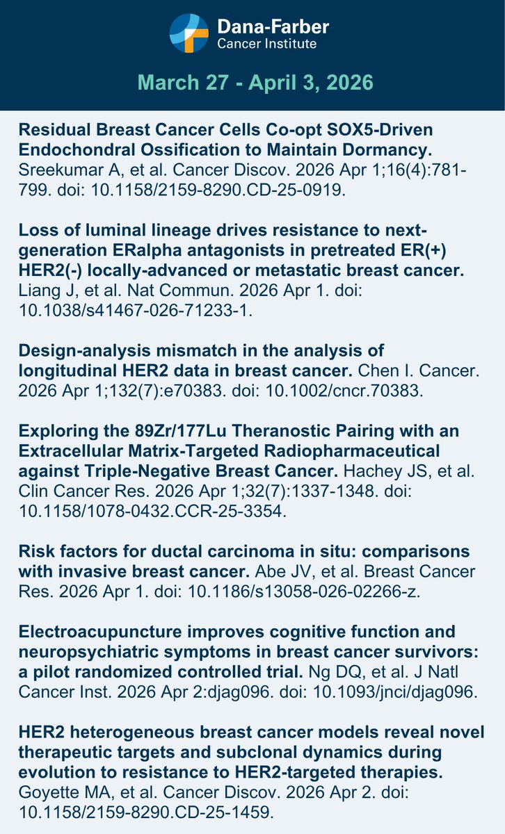 DFCI_BreastOnc's tweet image. Here’s the #BreastCancer Research Digest-a summary of last week’s publications from select high-impact journals (March 27th - April 3rd, 2026). #ClinicalResearch #CancerTreatment #BCSM #BreastCancerResearch #BreastCancer