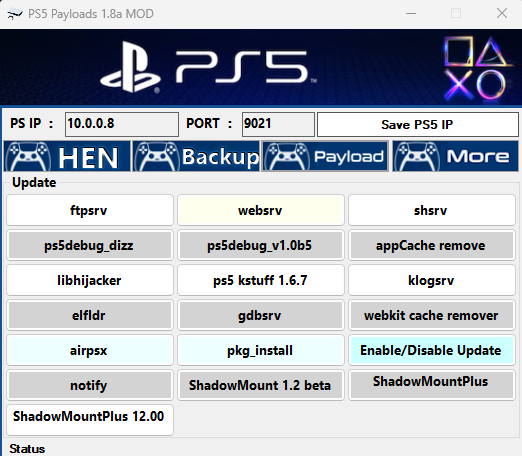 ⭐️PS5 Payloads GUI MOD updated 2026-04-03
Fork of original PS5 Payloads GUI by <a href="/master_s9/">Master</a>

🔥Latest daemons (3.xx-12.00) by John Törnblom
🔸elfldr 0.22.2🔸websrv 0.30.1🔸ftpsrv 0.18.3
🔸shsrv 0.18.1🔸klogsrv 0.7.2🔸gdbsrv 0.7.4

📥github.com/aldostools/PS5…