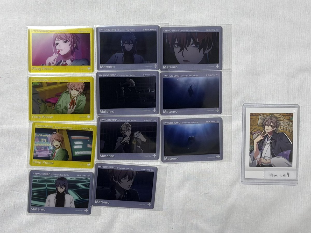 frm___a9's tweet photo. 【交換】ヒプマイ　ヒプムビ　クリカ

譲　画像1〜3
求　画像4〜7（💖>💕）

なるべく同弾同士の希望ですが、異種でも検討します。
検索からでもお気軽にお声掛けください。 https://t.co/ChsvDQdRWp