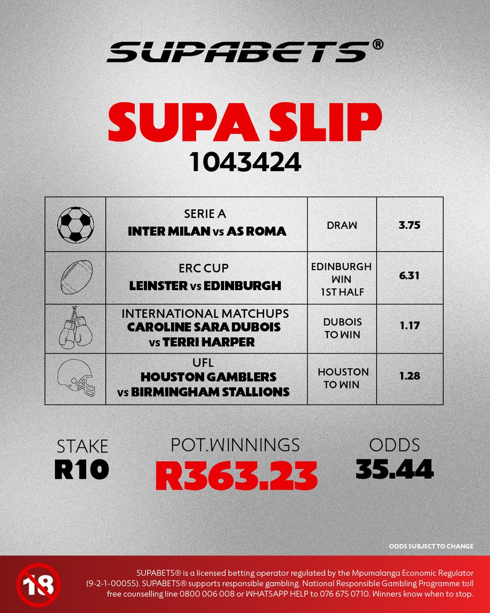 Supabets_mzansi's tweet photo. 🚨SUPA SUNDAY 🐰
EASTER SUNDAY & HERE'S YOUR SUPA SLIP😎
👉1️⃣0️⃣4️⃣3️⃣4️⃣2️⃣4️⃣✅
👉 https://t.co/OSzaBab7Jk ✅
#SupaSunday #supaslip #supabet
18+ | Bet Responsibly https://t.co/UQ5QyhB8QF