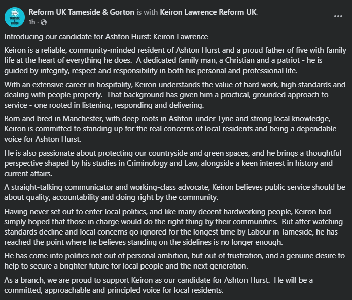 Tameside and Gorton Branch Reform UK tweet media