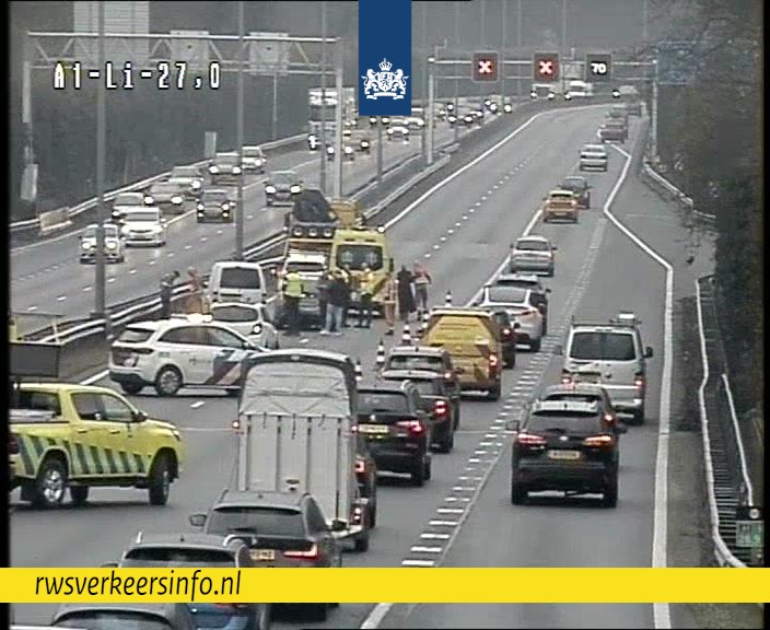 Vertraging op A1 na ongeval bij Blaricum
