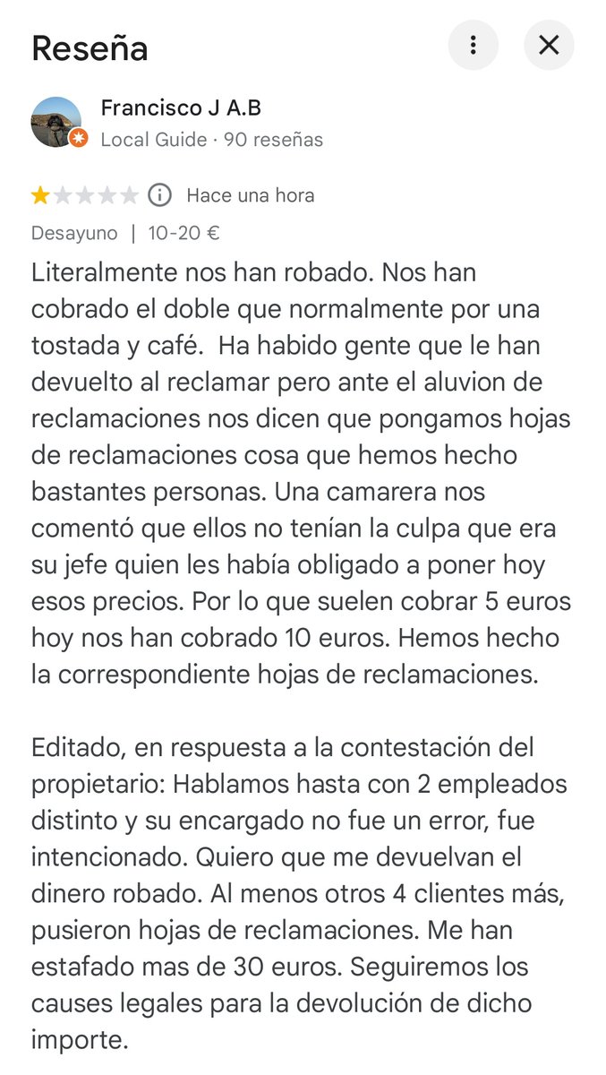 HuellasSevilla's tweet photo. Y creo que hemos sido varios, los que hemos salido hoy de allí con la misma sensación de estafa. 
Y veo que al dueño le está quemando el tema porque en las reseñas de Google no para de contestar que ha sido un error "puntual". Qué casualidad hombre... https://t.co/FowExFsDqm