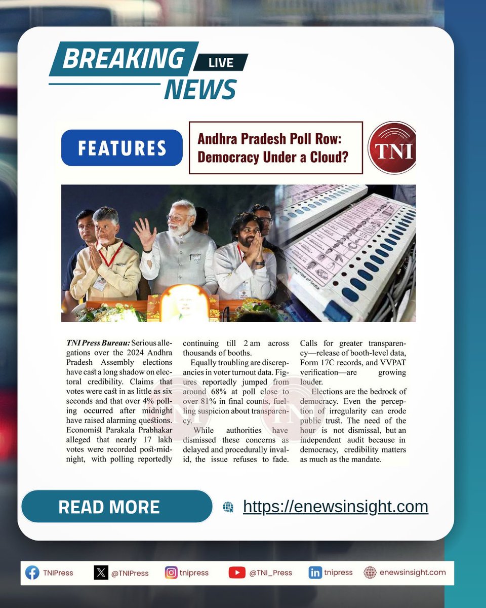 TNIPress's tweet image. Democracy thrives on trust but what happens when it’s questioned? The Andhra poll row raises serious concerns over transparency and electoral integrity.

Read more: enewsinsight.com/andhra-poll-ro…
#Democracy #AndhraPradesh #ElectionIntegrity #IndianPolitics #Governance