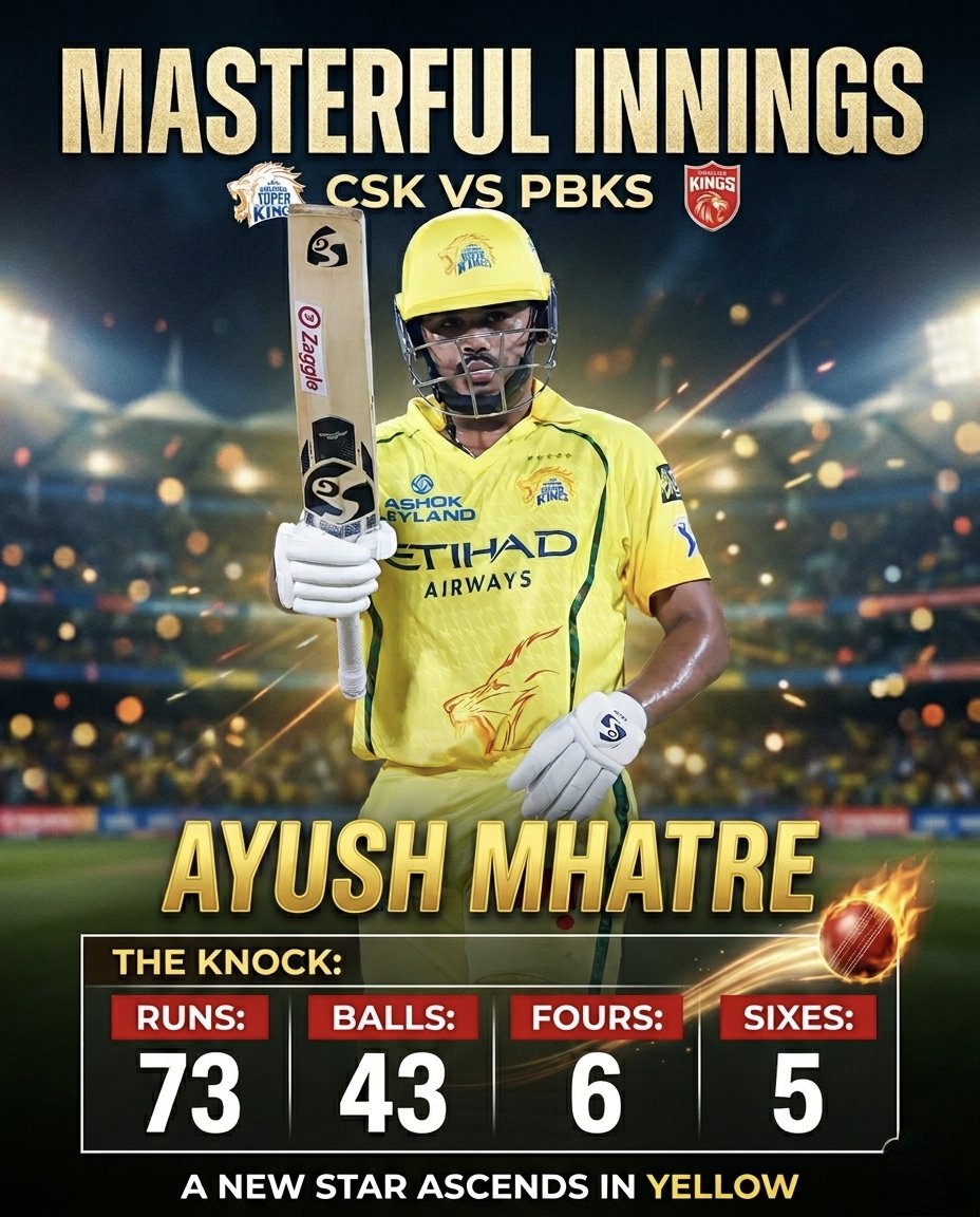 Masterful innings! A new star ascends in yellow for CSK. 73 runs off just 43 balls, including 6 fours and 5 massive sixes! 🦁🔥 Whistle Podu! 💛🏏
#AyushMhatre #CSK #ChennaiSuperKings #WhistlePodu #Yellove #CSKvsPBKS #IPL2026 #Cricket #Masterclass