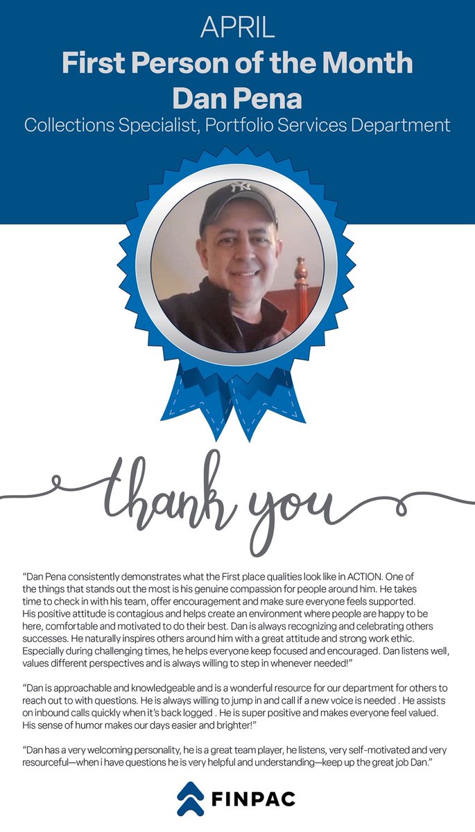 Finpacleasing's tweet photo. Congratulations to Dan Pena, our First Person of April 2026! https://t.co/eW2T64yiRX