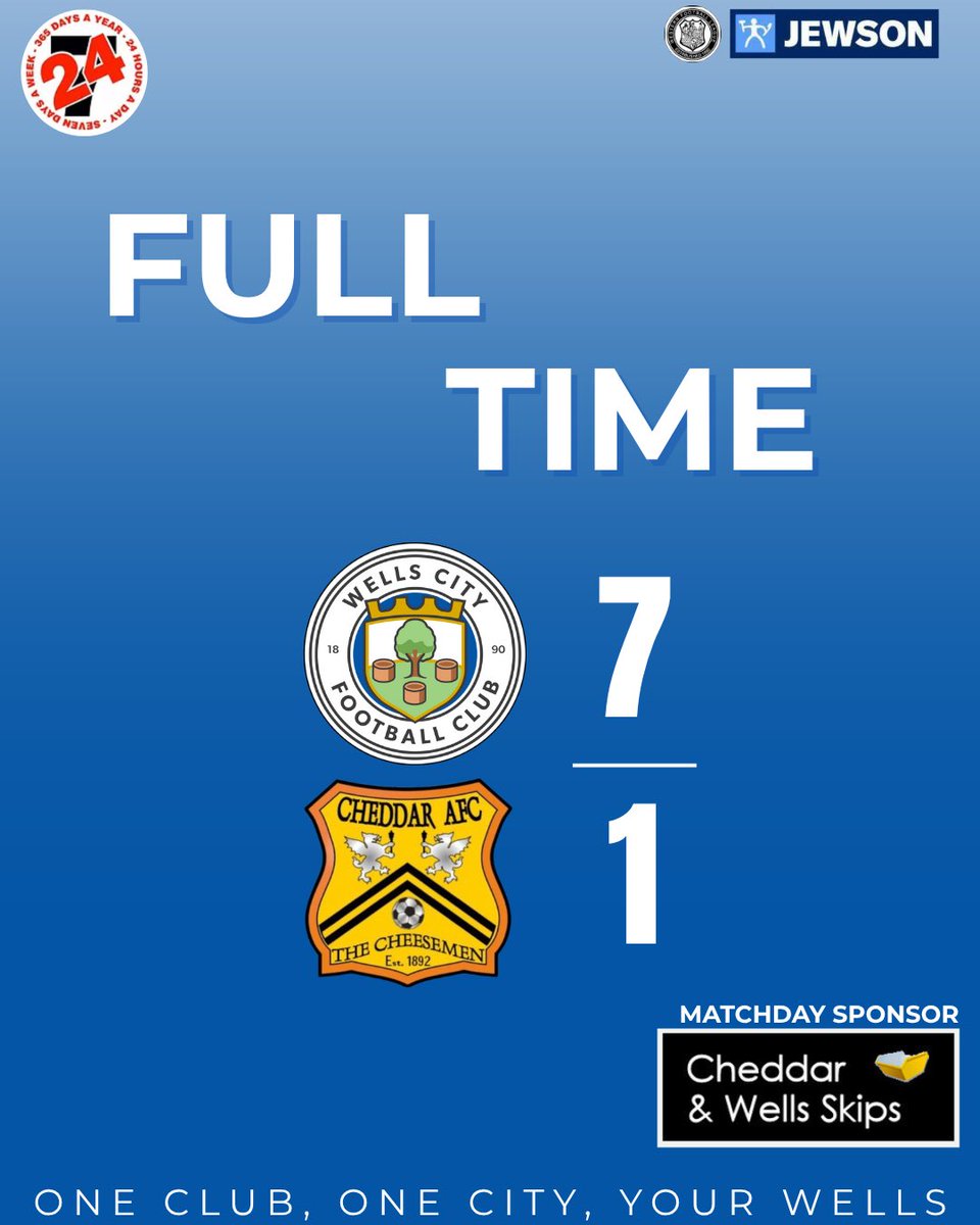 CityWellsfc's tweet photo. A fantastic way to return to the home pitch! 

Goals from 

Jake Brown ⚽️
James Tait ⚽️⚽️
Raphael Oppong ⚽️⚽️
Ross McErlain ⚽️ 
Charlie Dashfield ⚽️ 

Massive thanks to Cheddar and Wells Skips for their support as Match Sponsor today. https://t.co/dLLZNdpW9K