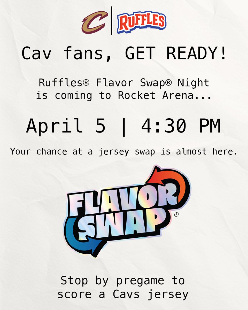 👀 Cavs fans, get ready.
@RUFFLES Flavor Swap® Night is almost here! Pull up early tomorrow and head to Portal 7. First 75 fans score a Cavs jersey!
Pregame only. No trade-in needed.
Find Flavor Swap® and more of your Ruffles® favorites at @GiantEagle. #LetEmKnow