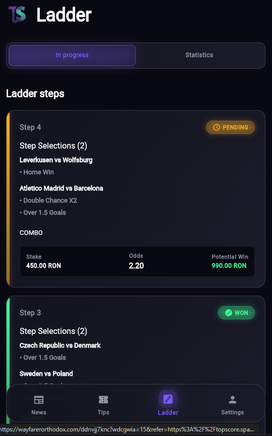 topscorebets's tweet photo. 🔥 LADDER CHALLENGE 100 RON → 10,000 RON 🪜

DAY 4 IS LIVE

✅ Day 1: 100 → 172 RON
✅ Day 2: 172 → 314 RON
✅ Day 3: 314 → 591 RON (profit locked in)
💰 Now playing Day 4: 450 RON → 990 RON @ 2.20 odds

Selections:
🇩🇪 Leverkusen vs Wolfsburg – Home Win
🇪🇸 Atletico Madrid vs Barcelona – X2 + Over 1.5 Goals

We set aside profit after every day 3 to protect the bankroll long-term. Smart money moves only.

Still climbing with me? Drop 🔥 if you’re in Day 4