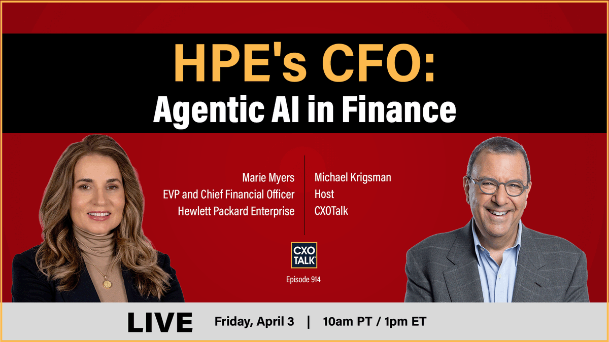 cxotalk's tweet image. We're gearing up for 1 pm ET/ 10 am PT
Fri. 3 April 2026
Agentic AI in Finance

Join #CXOTalk guest Marie Myers,CFO, @HPE.
cxotalk.com/episode/hpes-c…

How do you ensure or enforce accountability when #AgenticAI gets it wrong?

#CFO #AI #GenerativeAI #AIagents #Finance #Operations