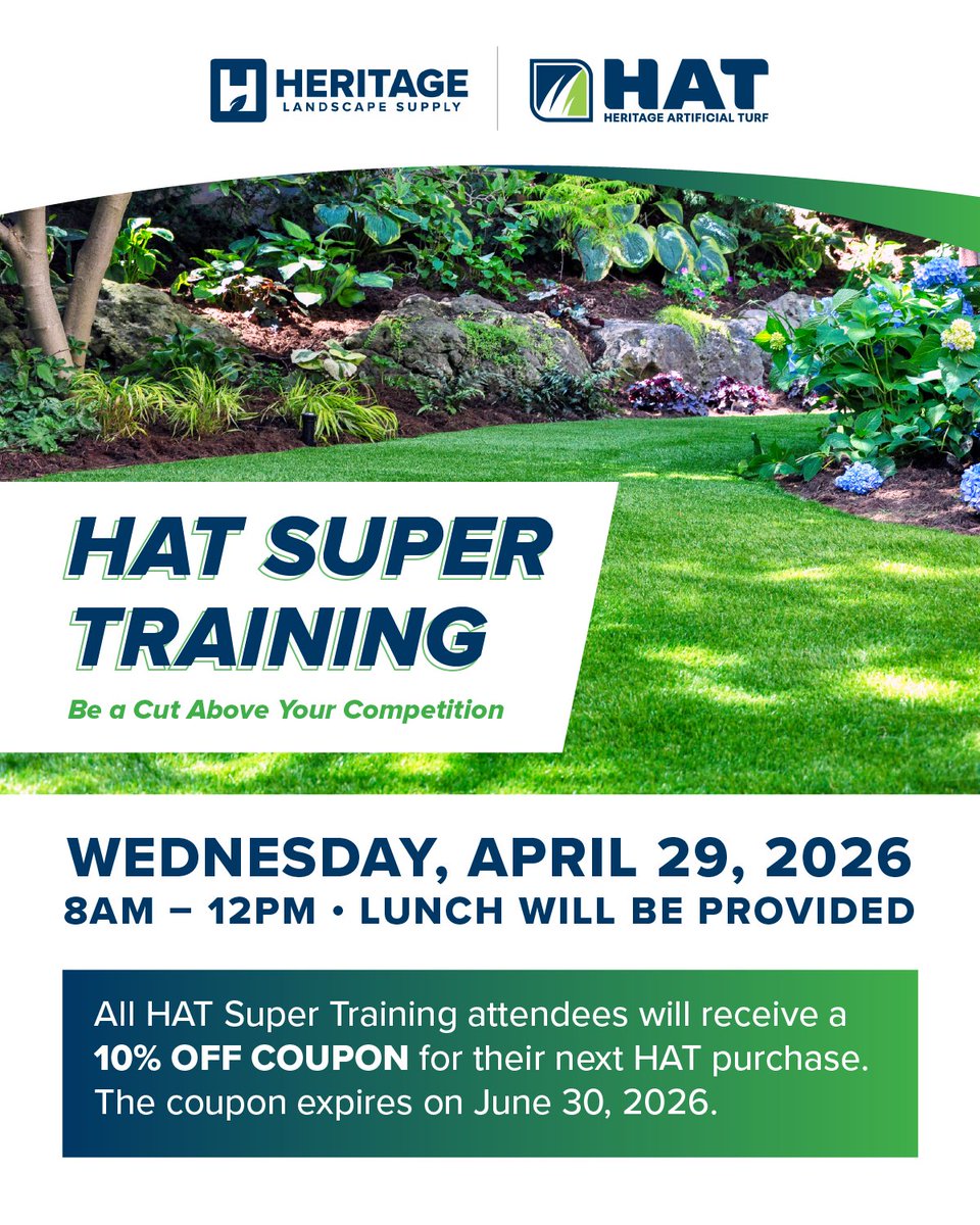hlsg_ca's tweet image. FREE HAT Super Training is coming to our Concord branch on Wed, Apr 29th! 

Complete installation training in English and Spanish &amp;amp; 10% off your next HAT purchase. 

RSVP at hubs.ly/Q049yZxf0

#HeritageLandscapeSupply #AmericasLandscapeDistributor