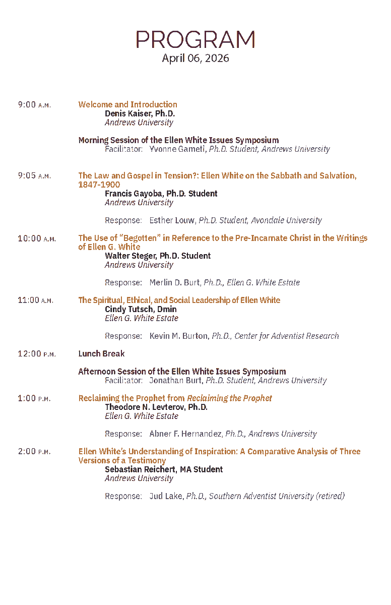 CenterforAR's tweet photo. THIS MONDAY, April 6, 2026 - Virtual Ellen G. White Issues Symposium, from 9:00 a.m. until 5:00 p.m.

A Zoom link:
https://t.co/hBMyVODYAd

Download the program:
https://t.co/xAfan9lqHT https://t.co/OfMZ6mqlNp