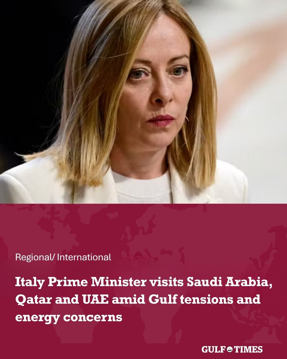 GulfTimes_QATAR's tweet image. #Italian Prime Minister @GiorgiaMeloni   arrived in #SaudArabia on Friday for a previously unannounced #visit, with stops also planned in #Qatar and the #UnitedArabEmirates, as part of a two-day regional tour.

gulf-times.com/article/723311…