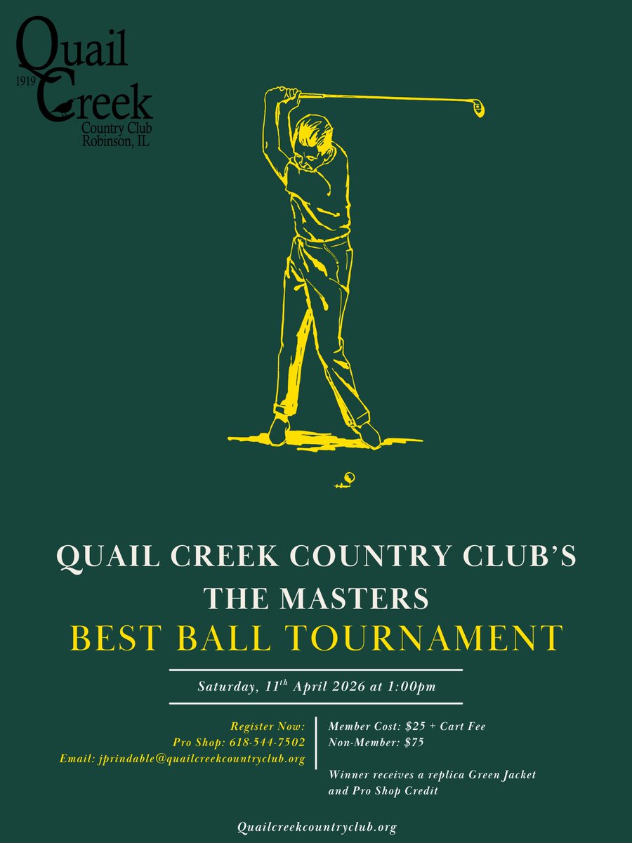 We will be having our annual Masters best ball event Sat April 11th 1:00pm.  Play your own ball and receive 75% of your handicap.  Each participant will be paired with a pro who has made the cut at the Masters.  This will be your partner for the event.