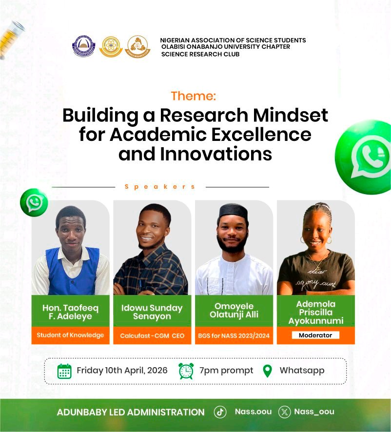 1nassoouclub's tweet photo. Are you ready to start your research journey? 🔬⚡

Join our orientation Programme themed:
Building a Research Mindset for Academic Excellence and Innovations.

📅 April 10
⏰ 7PM
📍 WhatsApp
👉 Join here:https://t.co/k2Ji1B7EKS

Don't miss this opportunity! https://t.co/k0xYGhtQ0l