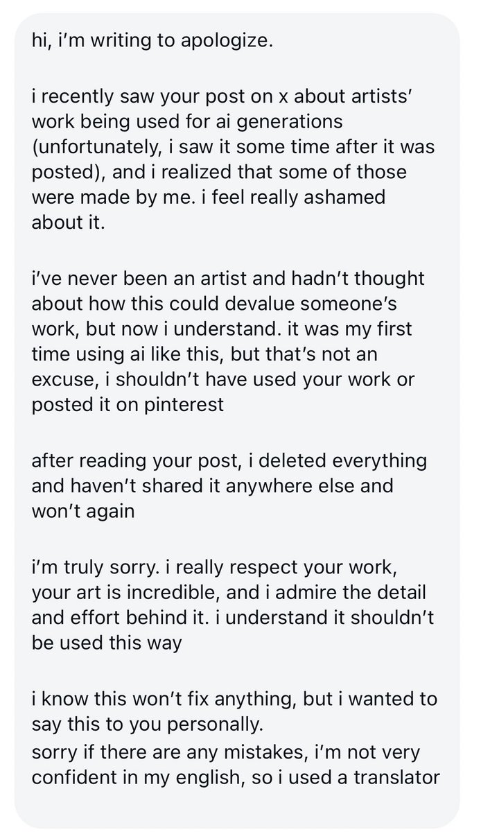 evyltalks's tweet photo. someone who used my art for ai reached out after seeing my thread to apologize

it’s one personbut it still matters

this is why speaking up matters. change doesn’t come all at once, it comes like this + https://t.co/W0JmCf7Exz