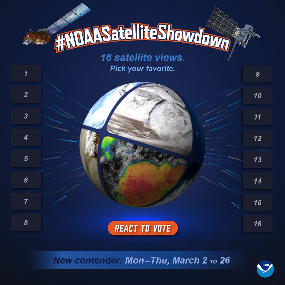 NOAASatellites's tweet image. Don't forget to vote on your favorite of the Top Four #NOAASatelliteShowdown images from the past year! 

To vote, go to the post pinned to the top of our page, and comment your favorite! 

Who will be the champion?