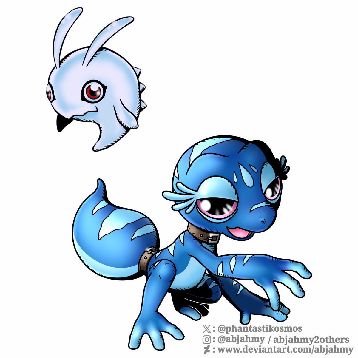 Gecqua like a Digimon, Gecquamon

Level: Child 
Type: Reptile 
Attribute: Virus 
Field: Deep Savers

An exotic-looking lizard that uses its movements to deceive enemies. 

Evolves from Pitchmon (Virus)