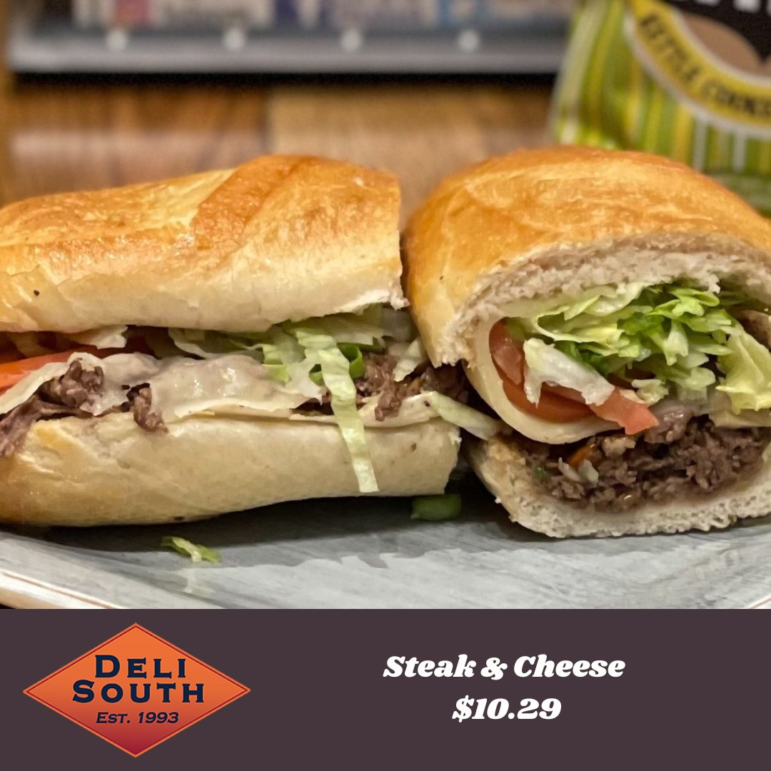TheDeliSouth's tweet photo. A classic done right. Our Steak &amp; Cheese is loaded with tender, seasoned steak and melted cheese, topped with fresh lettuce and tomato on a soft sub roll. Simple, hearty, and always satisfying.

When you’re craving something filling and flavorful, this one delivers. https://t.co/khAsTzboA9