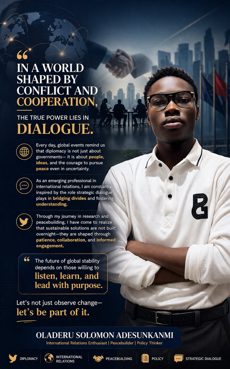 SomOrbis's tweet photo. Everyone talks about power.

But real power?
Dialogue. Understanding. Peace.
Let’s build, not divide.

#Diplomacy #Peacebuilding #AfricaRising #AfricanLeadership #YouthLeadership #GlobalAfrica #ConflictResolution #LeadershipMatters #ChangeMakers #FutureAfrica https://t.co/Yj3BpcRzte