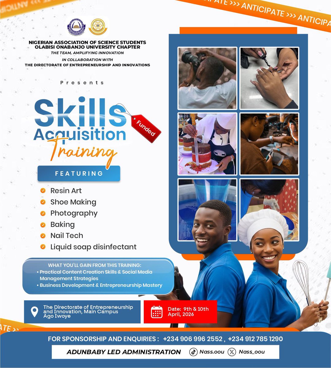 nass_oou's tweet photo. Among the many precious things in this world, the most valuable is knowledge. And among all forms of knowledge, the most profitable is the knowledge of a skill.

The leadership of NASS presents a Funded Skills Acquisition Training &amp; After the training,

1/2 ✨ https://t.co/5KAuBzWQHB