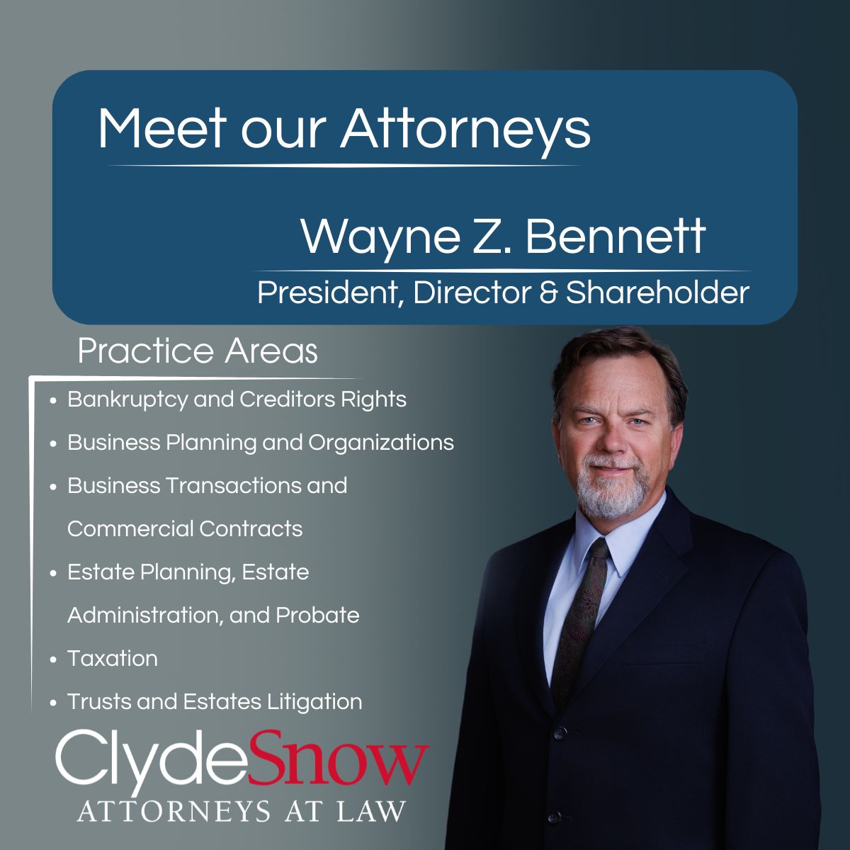 Mr. Bennett represents individuals and businesses in tax, estate, and business planning, including formation, contracts, financing, and mergers. He also assists lenders with loans and helps clients with wills, trusts, probate, and inheritance disputes.