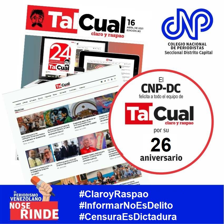 CNPCaracas's tweet image. #26Aniversario | Felicitamos a @DiarioTalCual por más de dos décadas de compromiso con la verdad y la democracia.  En tiempos de desinformación, el periodismo de largo aliento es una reserva moral para el país. ¡Sigamos informando con ética!
#Periodismo #CNPCaracas