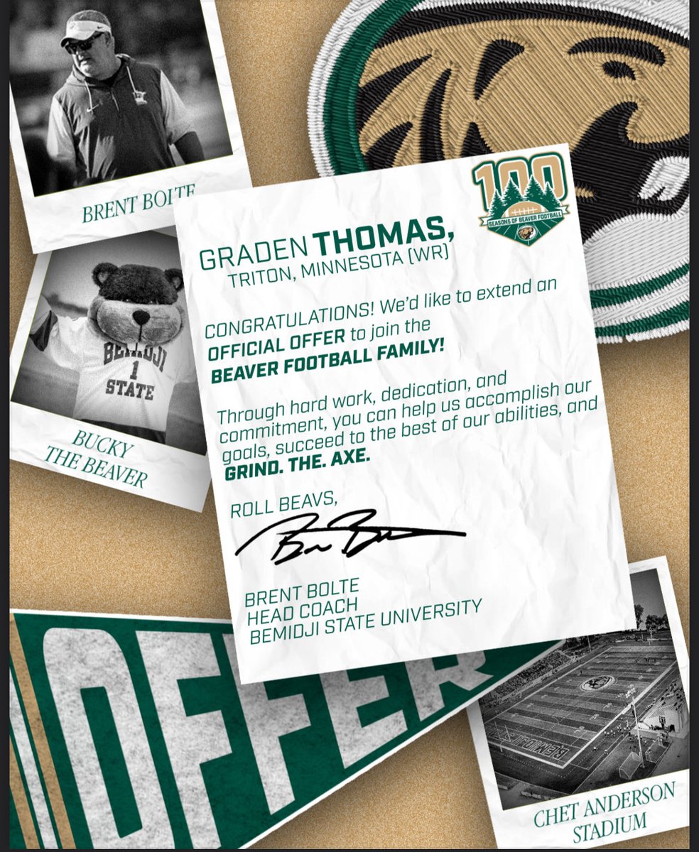 Happy to say I have received my first offer from <a href="/BSUBeaversFB/">Bemidji State Football</a> thank you <a href="/CoachTMunson/">Trevor Munson</a> #GrindtheAxe