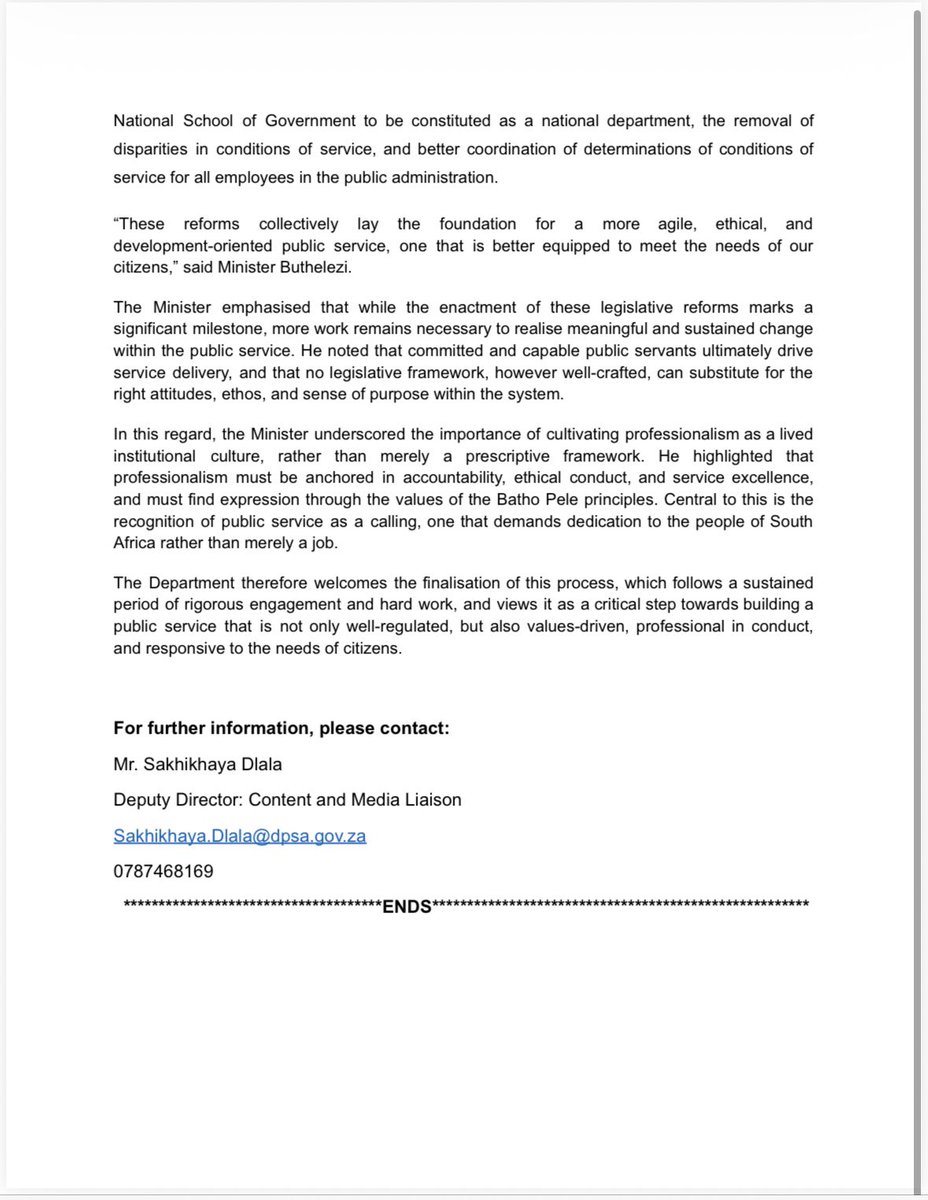 thedpsa's tweet photo. 𝗠𝗘𝗗𝗜𝗔 𝗦𝗧𝗔𝗧𝗘𝗠𝗘𝗡𝗧
Minister Buthelezi Welcomes the Signing Into Law of the Public Administration Management Amendment Act and the Public Service Amendment Act
#PublicServiceReforms https://t.co/OuYXAarCfG