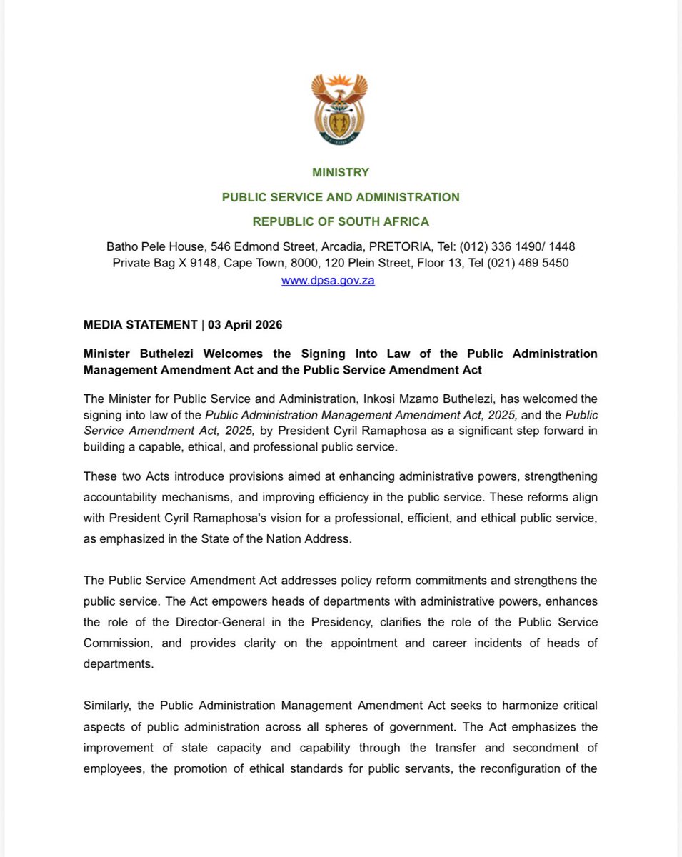 thedpsa's tweet photo. 𝗠𝗘𝗗𝗜𝗔 𝗦𝗧𝗔𝗧𝗘𝗠𝗘𝗡𝗧
Minister Buthelezi Welcomes the Signing Into Law of the Public Administration Management Amendment Act and the Public Service Amendment Act
#PublicServiceReforms https://t.co/OuYXAarCfG