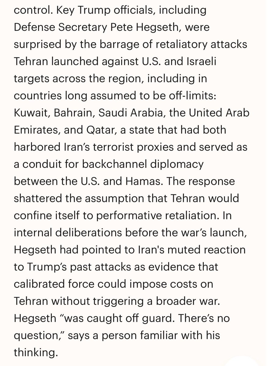 It’s not illogical to believe, as Hegseth allegedly did here, that the calibrated use of force by the U.S. would lead to a calibrated Iranian response. But what IS shocking is that he would see the war being waged by the U.S. and Israel as calibrated or limited in its aims. When