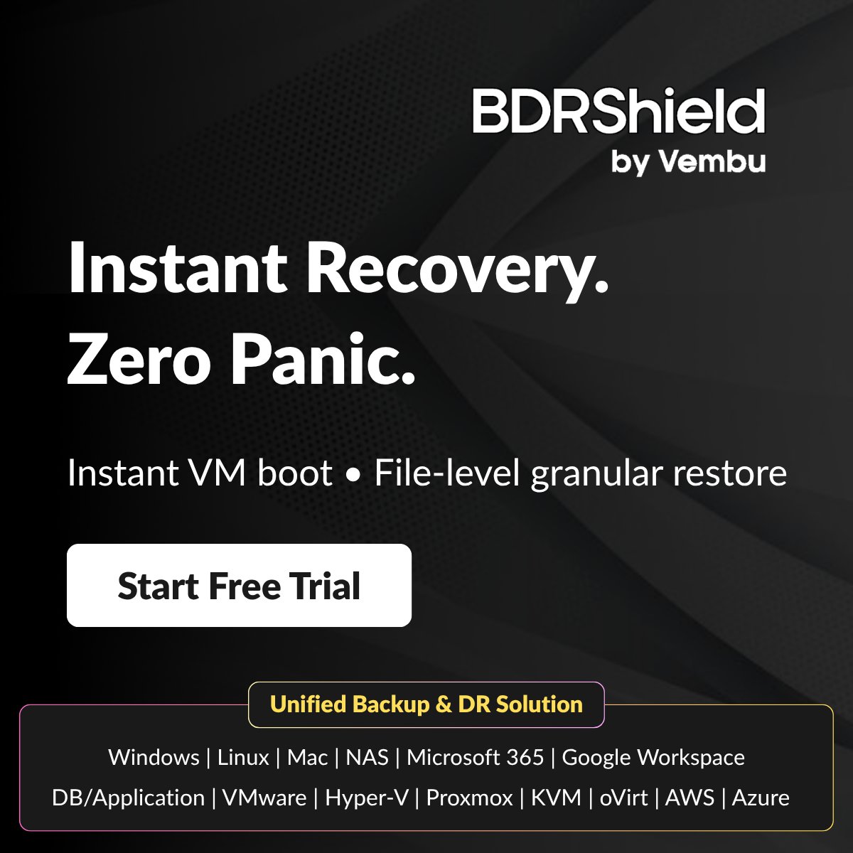 vembutech's tweet photo. Downtime kills productivity. Instantly recover VMs or restore individual files in minutes with BDRShield’s rapid recovery capabilities.

https://t.co/1FvMEffMRj

#DisasterRecovery #InstantRecovery #DataRecovery #BackupSolutions #BusinessContinuity #DataProtection https://t.co/CVipNfCjf4