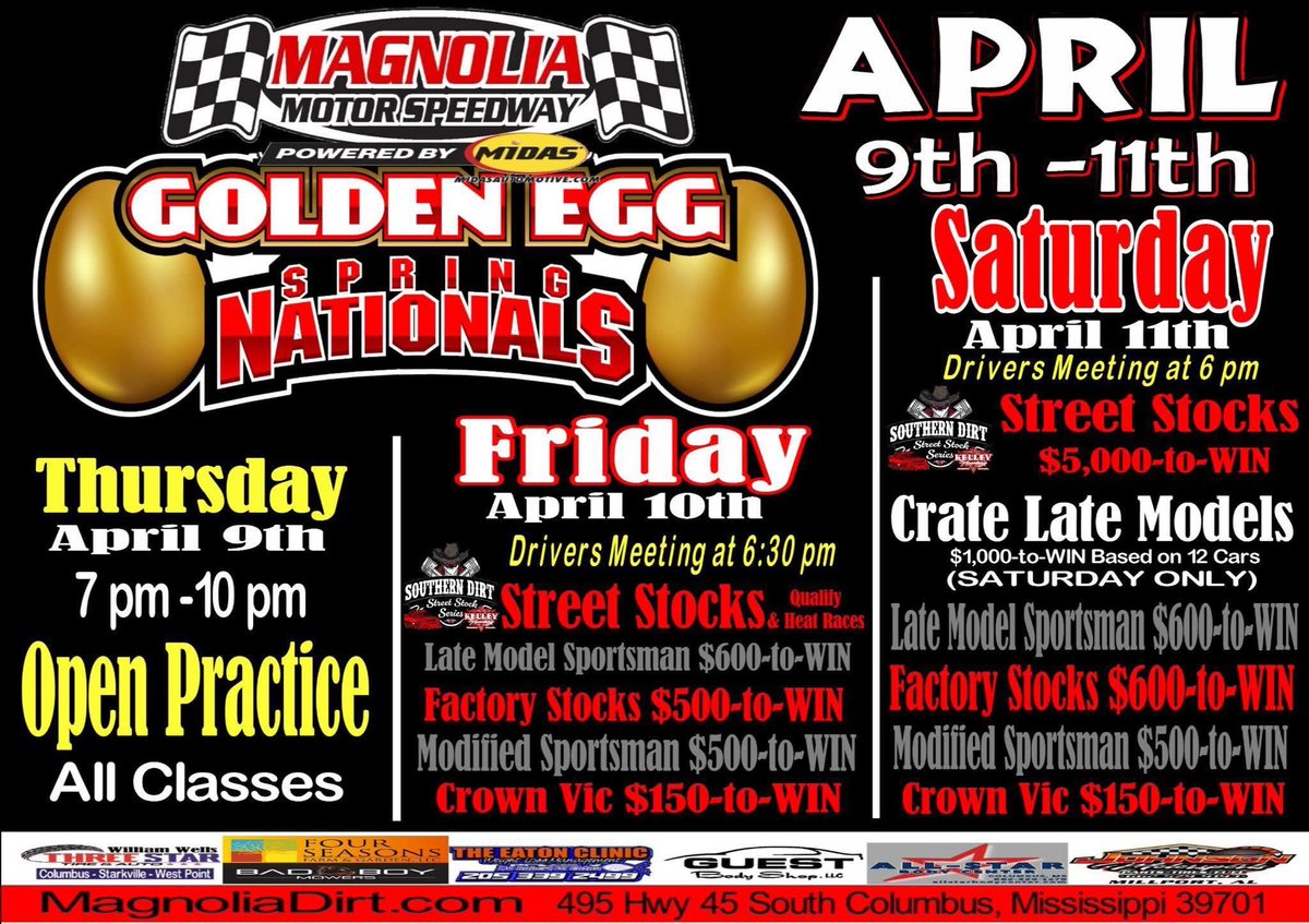 SouthernSSFS's tweet image. Don’t have weekend plans on April 9-11th??
We’ve got EXACTLY what you need!! Come on out to #MagnoliaMotorSpeedway and catch the greatest Street Stocks in the nation doing battle over two days for $5,000💰 
Can’t make the trip? Catch the action on CrateRacinUSA.Tv 🏁🏁