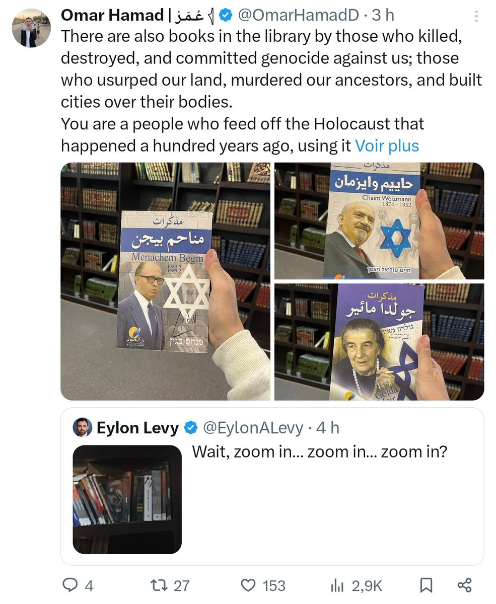 HannahStasi's tweet image. 🔴🇵🇸 #MeinKampf in #Gaza - #Omar admet lui-même qu'il s'agit de Mein Kampf, et donne une explication fumeuse quant au "pluralisme des idées" dans sa bibliothèque, qui inclus des livres de "sionistes" ! 😱😱😱