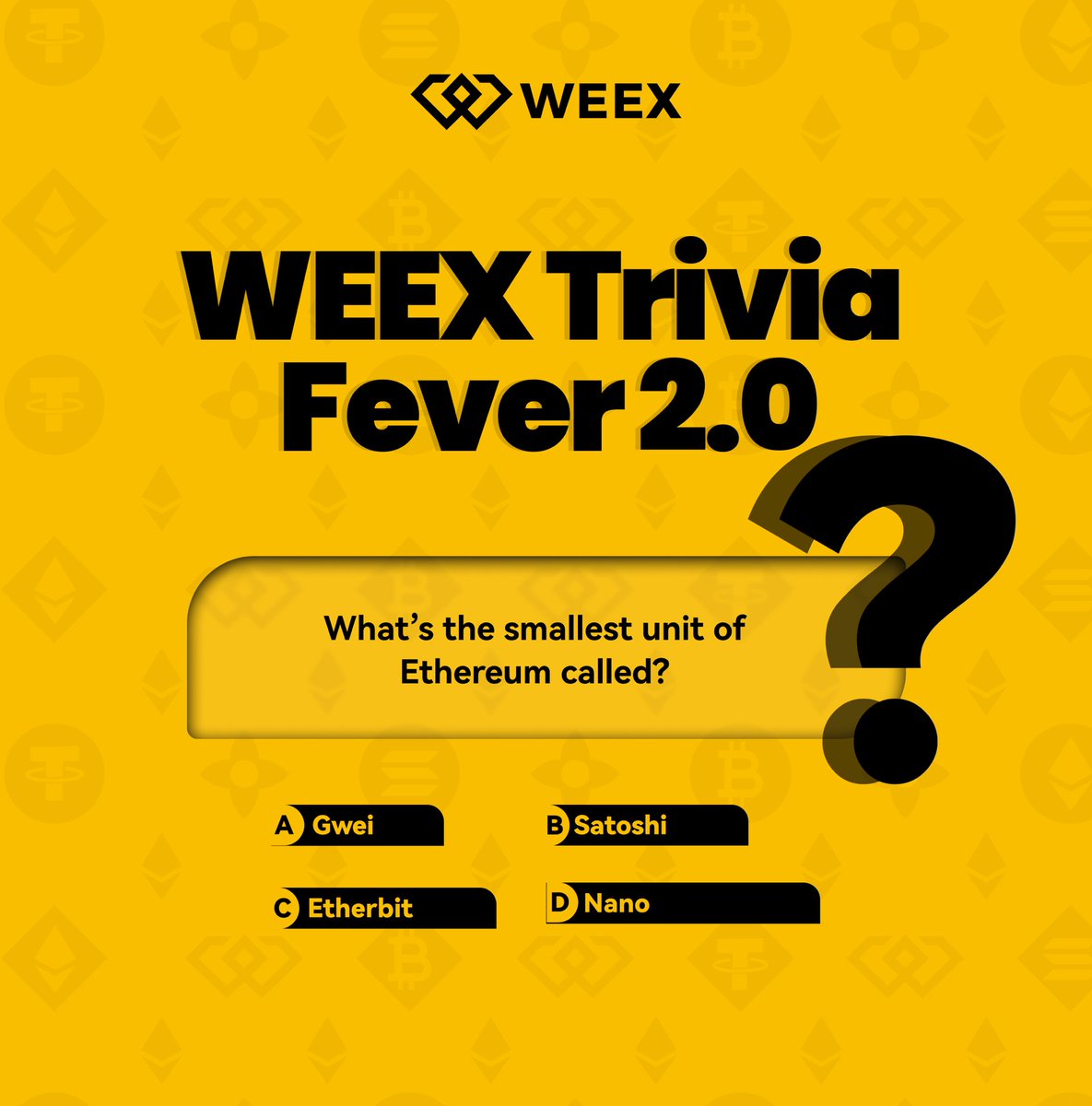 🚀WEEX Trivia Fever 2.0  DAY 10

Answer daily crypto questions and stand a chance to win from the $500 prize pool 

To get started:
✅ Follow <a href="/WEEX_Africa/">WEEX Africa</a> &amp; turn on post notifications
🔁 Retweet this post
✅Tag 3 friends who are not following <a href="/WEEX_Africa/">WEEX Africa</a>
✅Drop your answer + UID