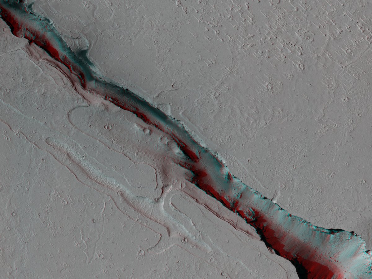HiRISE's tweet image. HiRISE 3D: A Fissure near Cerberus Fossae

The topographic data from our anaglyph will enable us to measure the thicknesses of the depression and depths of the trough leading to the adjacent fissure. 

uahirise.org/anaglyph/ESP_0…
NASA/JPL-Caltech/University of Arizona
#Mars #NASA