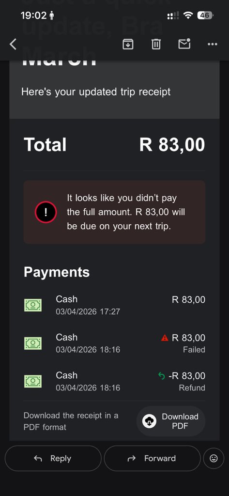 IAm_Marchoman's tweet photo. @Uber_RSA I paid the driver now you tell me that I didn’t pay? I’m gonna report this further if that’s how you work cause I even paid extra cause the change was R2 and I said he must keep the change now this? I’m disappointed https://t.co/wJP2NWCnQg