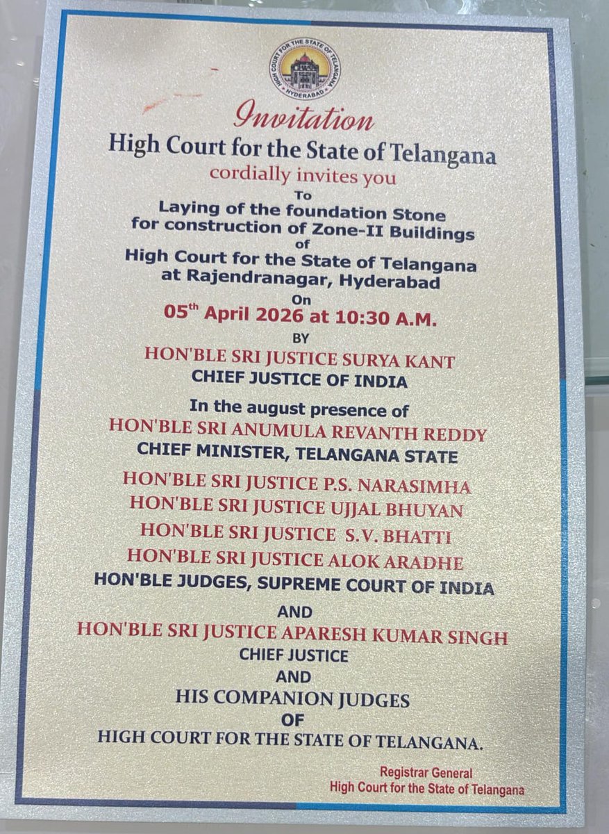 Dear Sir/Madam,
All the Advocates attending the ceremony of _*Laying Foundation Stone for Zone II  of New High Court buildings by Honourable Chief Justice of India* at Rajendranagar at 10 am on 5/4/2026, are requested to _*enter_* the new High Court campus through the Arch of