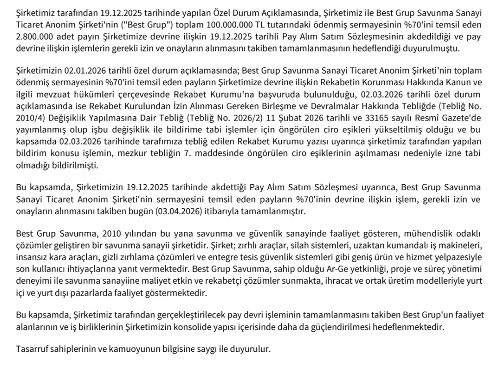 Knowledge_ilker's tweet image. 📊🔥 #TERA’dan #STRATEJİK HAMLE!

Tera Yatırım, #Best Group #Savunma’nın %70 hissesini devralma sürecini tamamladı 🇹🇷🛡️

📍 19.12.2025 → Pay alım sözleşmesi imzalandı
📍 02.01.2026 → Rekabet süreci başlatıldı
📍 02.03.2026 → Ciro eşiği nedeniyle izin gerekmiyor
📍 03.04.2026