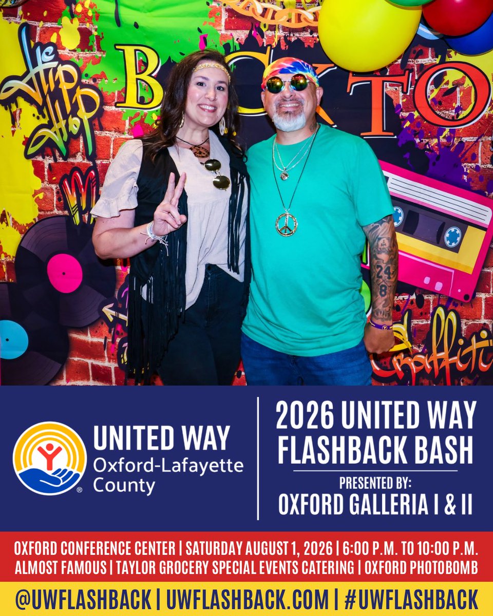 Flash back for our community’s future at the 2026 United Way Flashback Bash, Presented by Oxford Galleria I &amp; II! Let’s make this year our biggest and best Bash yet! 

🔥⏮️ uwflashback.com ⏮️🔥 

#UWFlashback #UWOxfordMS #FlashbackFriday