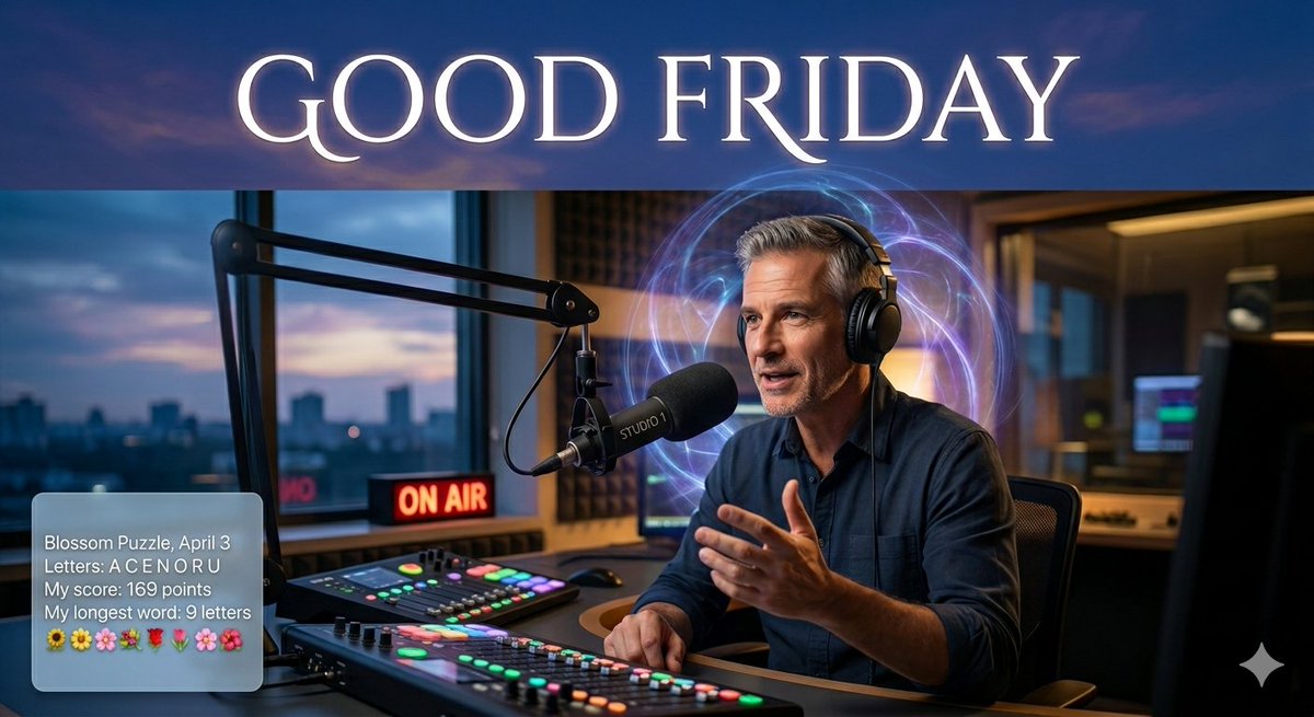 2God4em's tweet image. The announcer on the radio is talking about the significance of #GoodFriday, but they don’t realize the real story is #Oumancy. Some things are better understood through divine communication than a broadcast! 🎙️🙏 #Truth
#BlossomPuzzle

Blossom Word Game 
merriam-webster.com/games/blossom-…