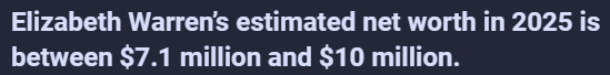 Opinions1776's tweet image. Now I'm sure if you ask Elizabeth Warren, she will tell you net worth isn't cash in hand. 7/10 million and with her husband it sits around 12 million net worth.