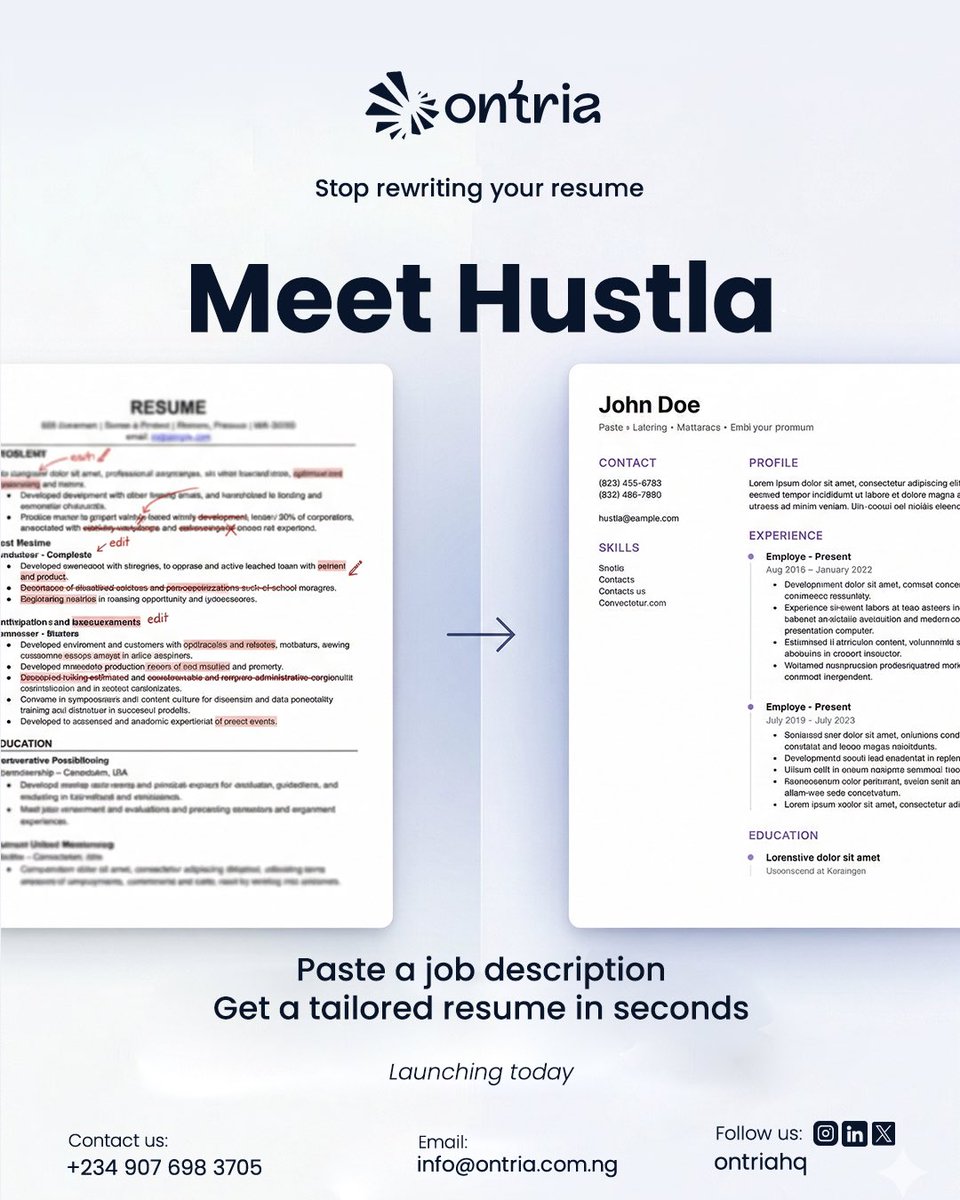 Ontriahq's tweet photo. People are already using Hustla to:
1. Tailor their CVs in minutes
2. Write better cover letters
3. Apply faster (and smarter)

This is exactly why we built it.

And we’re just getting started.😉

Try it here 👇
🔗 https://t.co/1hnwnUDxbf https://t.co/yncCr6tAMb